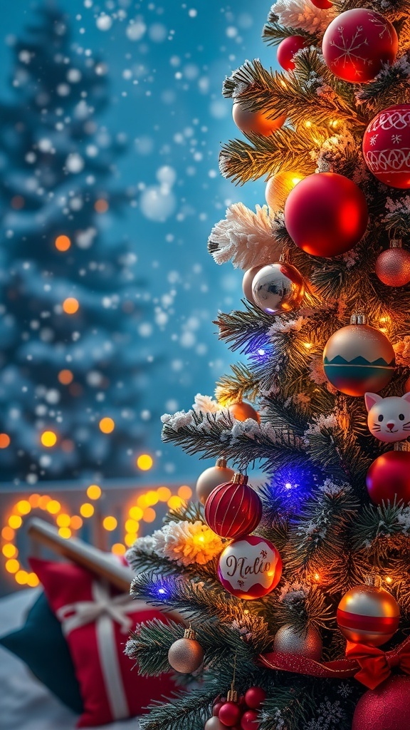 A festive Christmas background with a decorated tree, snowflakes, and warm lights.